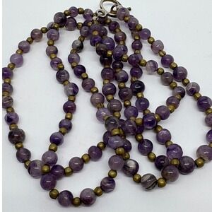 Vintage Amethyst Beaded Necklace Double Strand Toggle Clasp Brass Tones Boho 18"